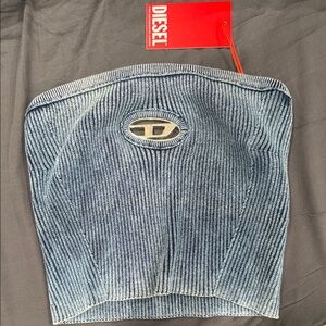 Diesel Denim-Blue Ribbed Strapless Tube Top with Logo Cutout size Medium. NWT